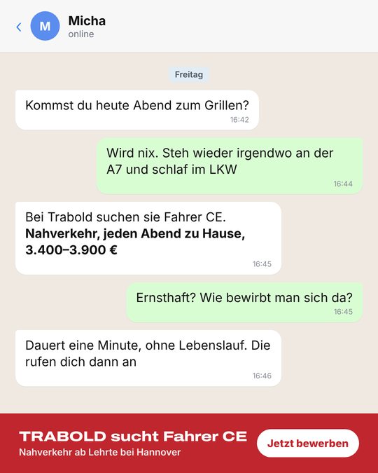 Anzeige 2: Chatverlauf zwischen zwei Freunden über den Job bei Trabold