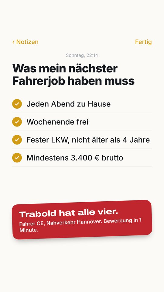 Story-Anzeige im Notizen-Look: Was mein nächster Fahrerjob haben muss